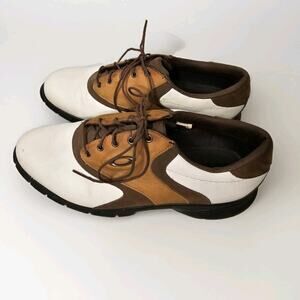 Oakley Men's White Brown Leather Golf Sneakers Lace Up Spikes Size 10.5